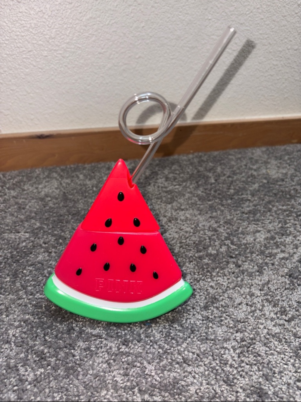 NWT VS Pink Cute Watermelon Slice Drinking Cup with Clear Spiral Straw - Plastic